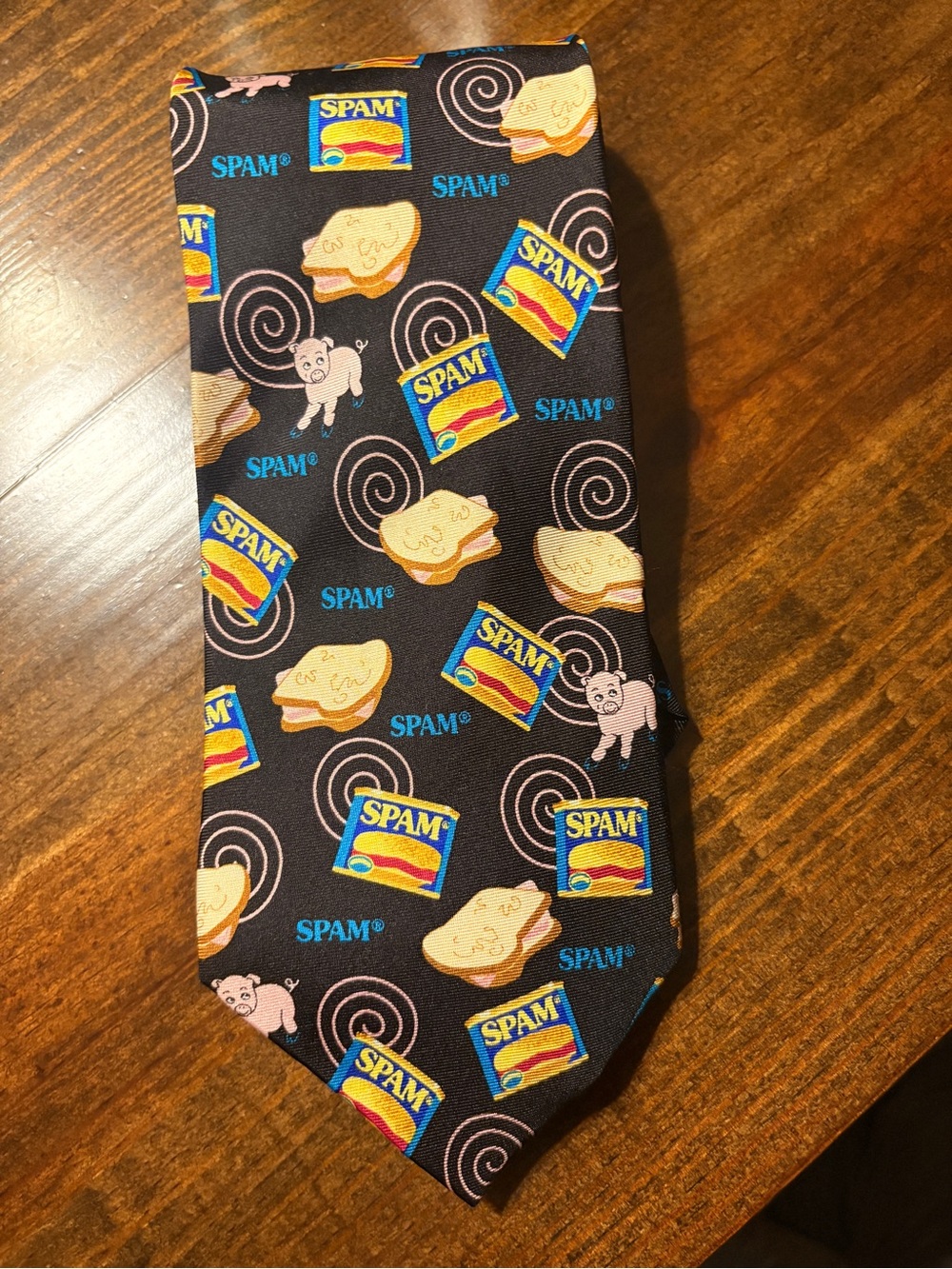 Spam Branded Novelty Black Tie with Sandwich & Pig Pattern